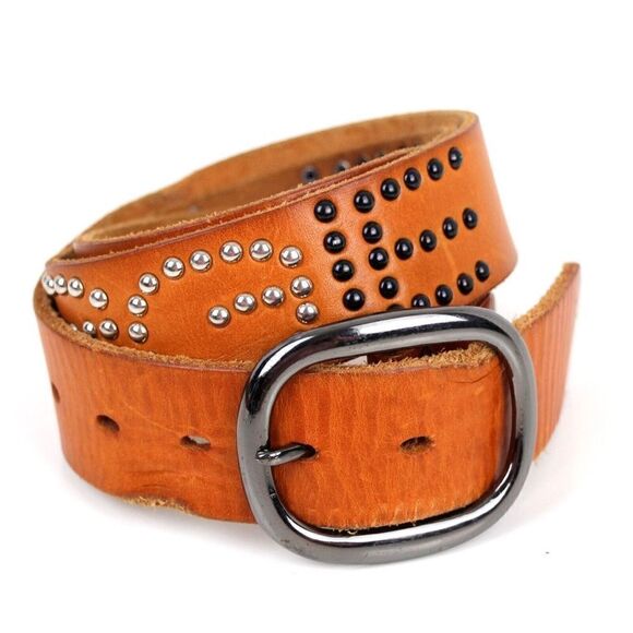 TAN BROWN GENUINE LEATHER 1 3/8"Wd STUDDED CASUAL DRESS WOMEN'S BELT Sz M (E32 - Picture 6 of 12
